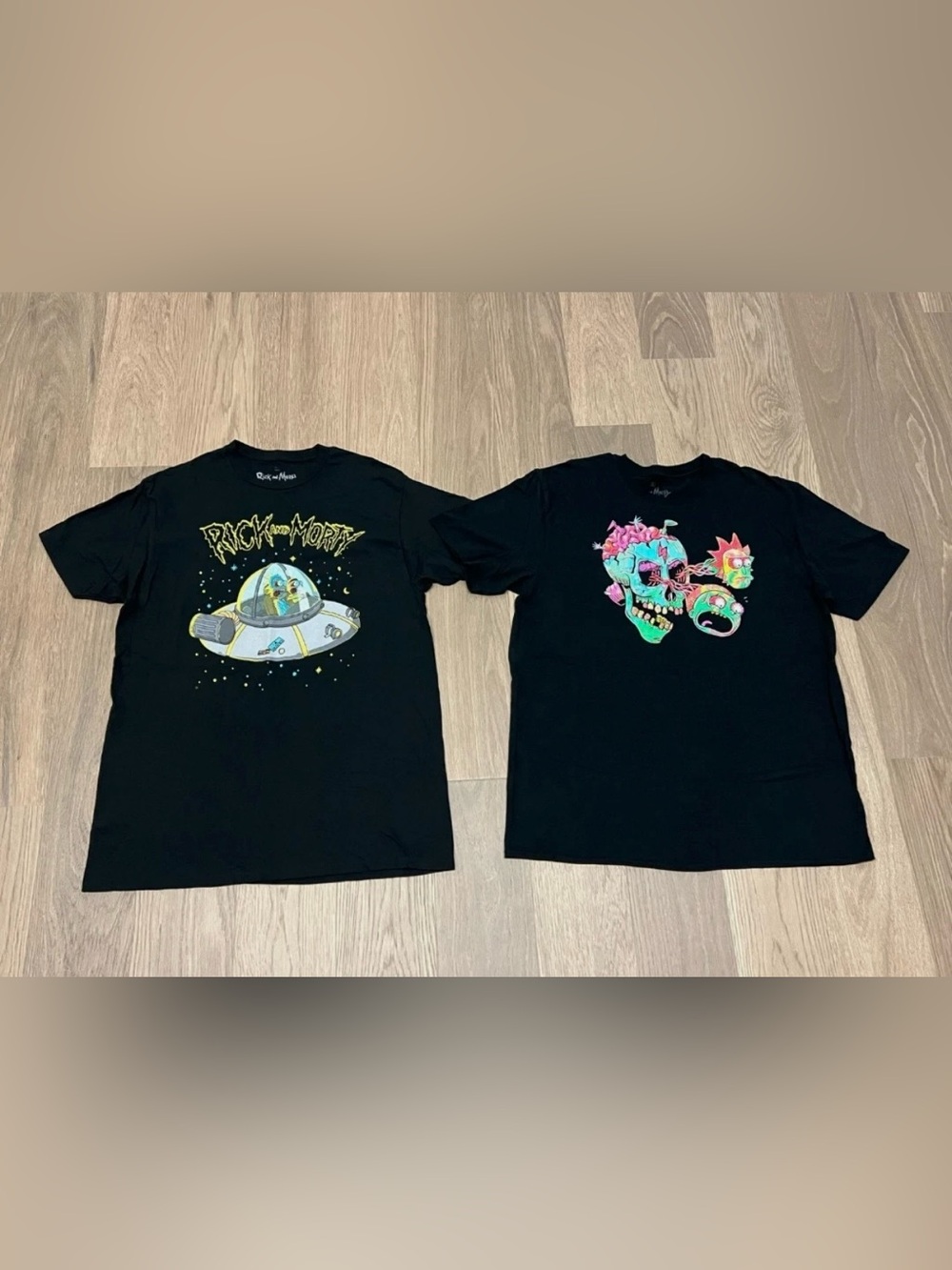 L XL Mens Adult Swim RICK and MORTY Black Tee Shirt Top Lot 2 UFO Skull Eyeballs